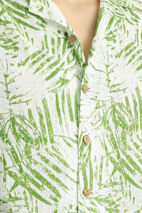 Grass Green Short Sleeve Oversize Patterned Sport Cotton Shirt
