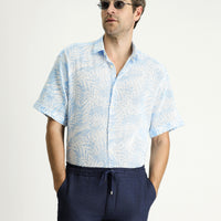 Sky Blue Short Sleeve Oversize Patterned Cotton Shirt