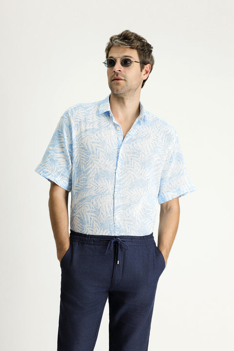 Sky Blue Short Sleeve Oversize Patterned Cotton Shirt