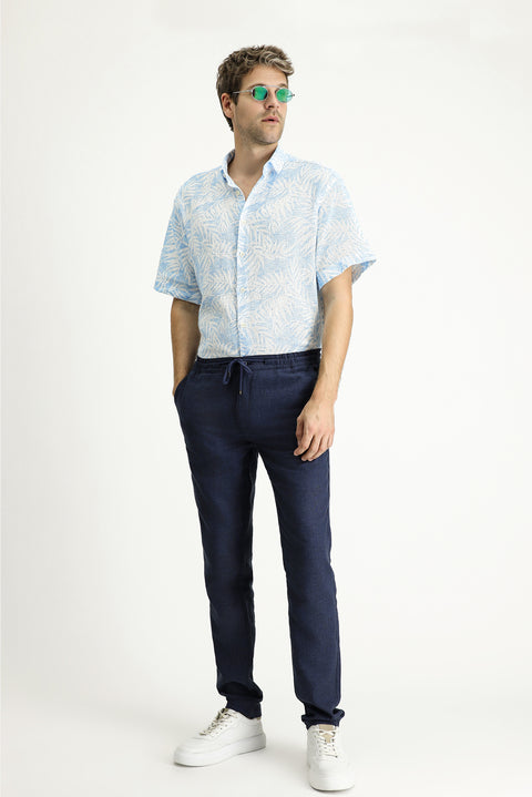 Sky Blue Short Sleeve Oversize Patterned Cotton Shirt