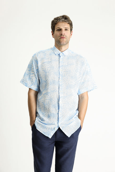 Sky Blue Short Sleeve Oversize Patterned Cotton Shirt