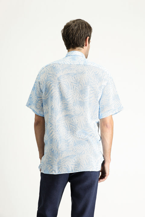 Sky Blue Short Sleeve Oversize Patterned Cotton Shirt
