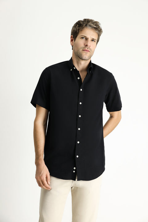 Black Short Sleeve Regular Fit Sport Cotton Button-Down Shirt