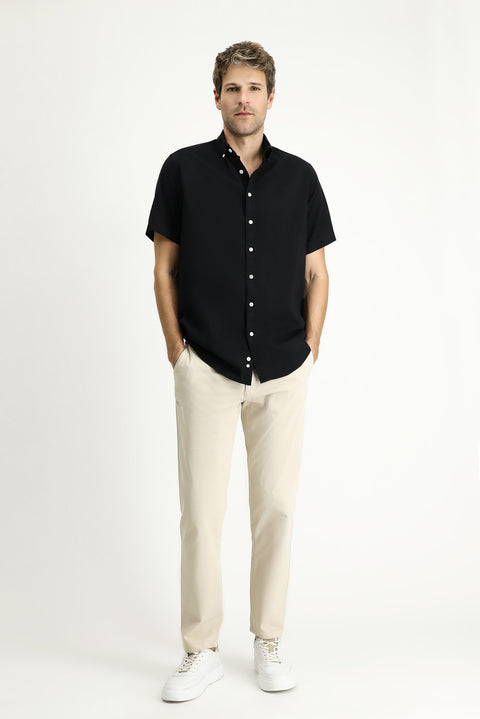 Black Short Sleeve Regular Fit Sport Cotton Button-Down Shirt