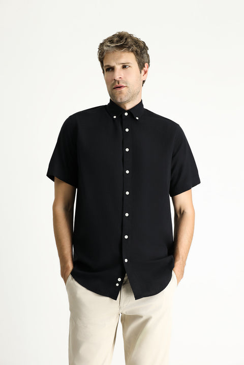 Black Short Sleeve Regular Fit Sport Cotton Button-Down Shirt