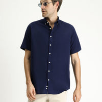 Dark Navy Short Sleeve Regular Fit Sport Cotton Button-Down Collar Shirt