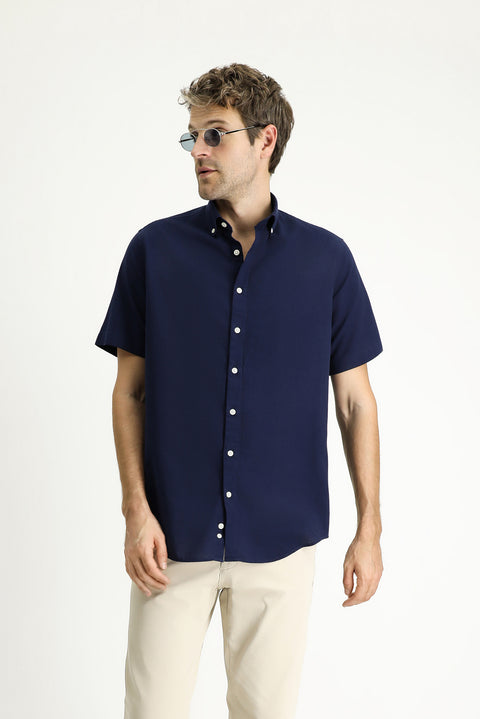 Dark Navy Short Sleeve Regular Fit Sport Cotton Button-Down Collar Shirt