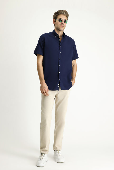 Dark Navy Short Sleeve Regular Fit Sport Cotton Button-Down Collar Shirt