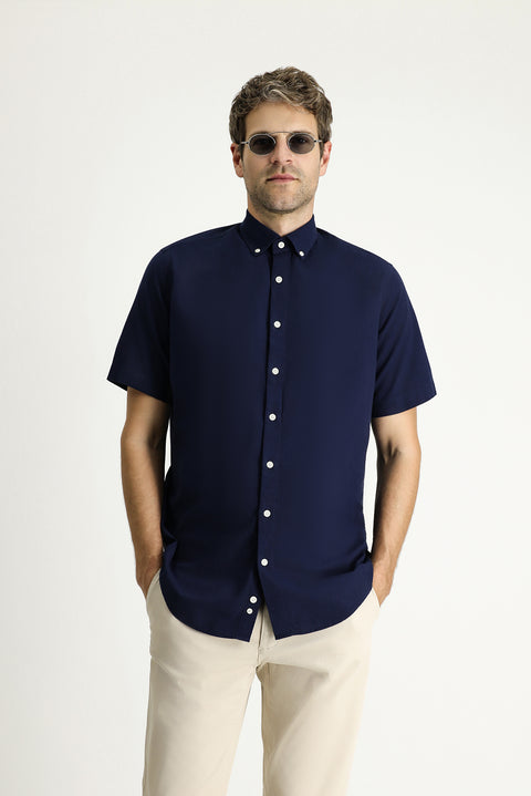 Dark Navy Short Sleeve Regular Fit Sport Cotton Button-Down Collar Shirt
