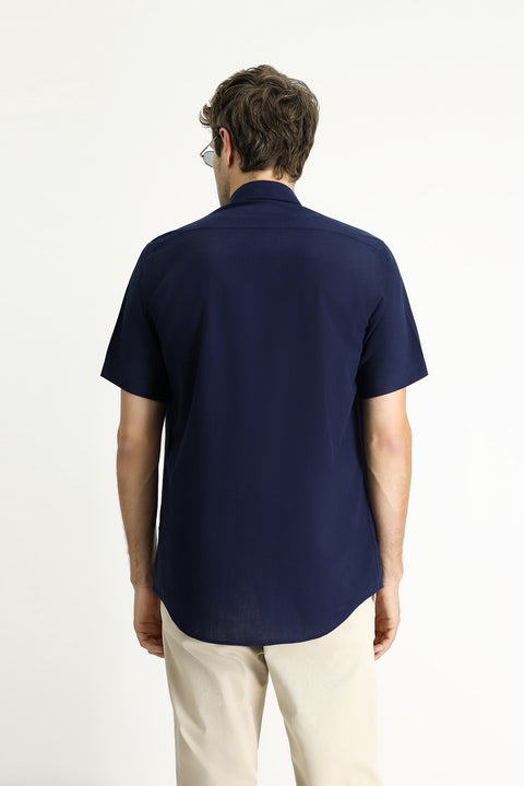 Dark Navy Short Sleeve Regular Fit Sport Cotton Button-Down Collar Shirt