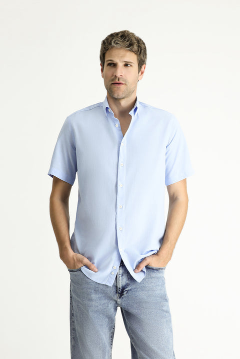 Light Blue Short Sleeve Regular Fit Sport Cotton Button-Down Shirt