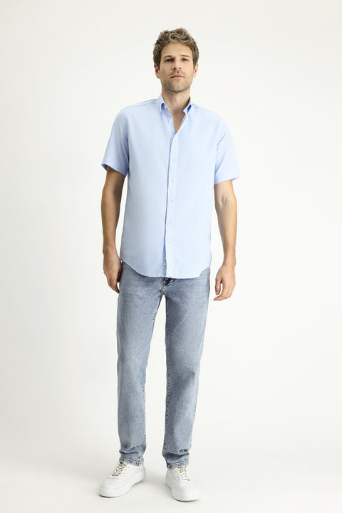 Light Blue Short Sleeve Regular Fit Sport Cotton Button-Down Shirt