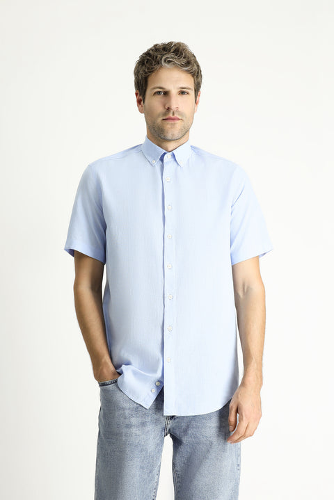 Light Blue Short Sleeve Regular Fit Sport Cotton Button-Down Shirt