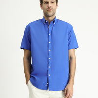 Navy Blue Short Sleeve Regular Fit Sport Cotton Button-Down Shirt