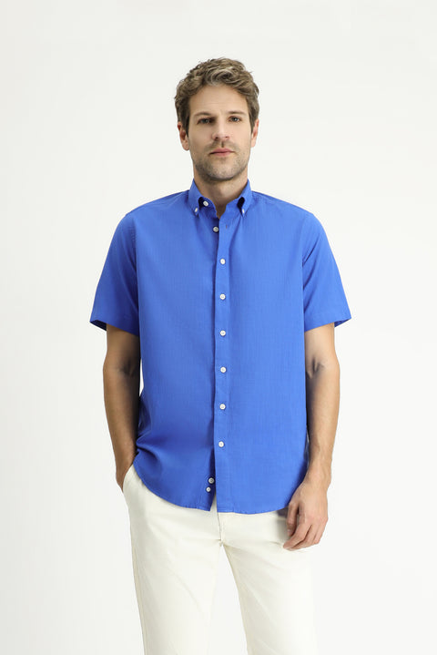 Navy Blue Short Sleeve Regular Fit Sport Cotton Button-Down Shirt