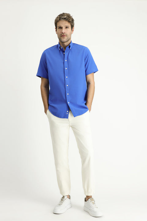 Navy Blue Short Sleeve Regular Fit Sport Cotton Button-Down Shirt