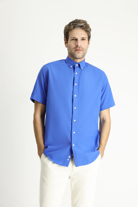 Navy Blue Short Sleeve Regular Fit Sport Cotton Button-Down Shirt