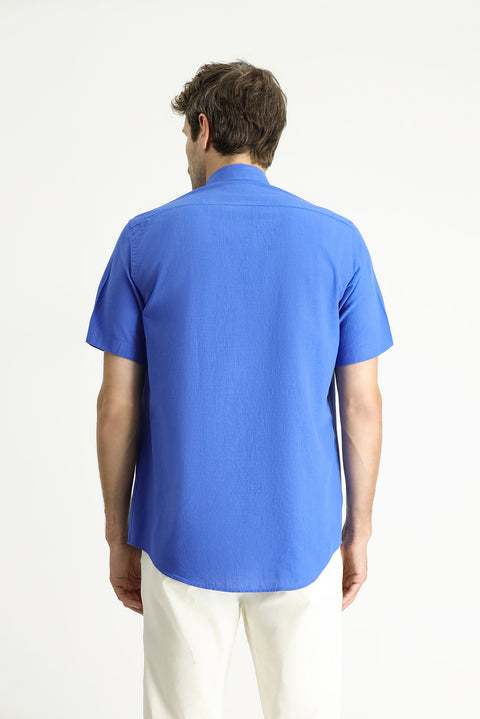 Navy Blue Short Sleeve Regular Fit Sport Cotton Button-Down Shirt