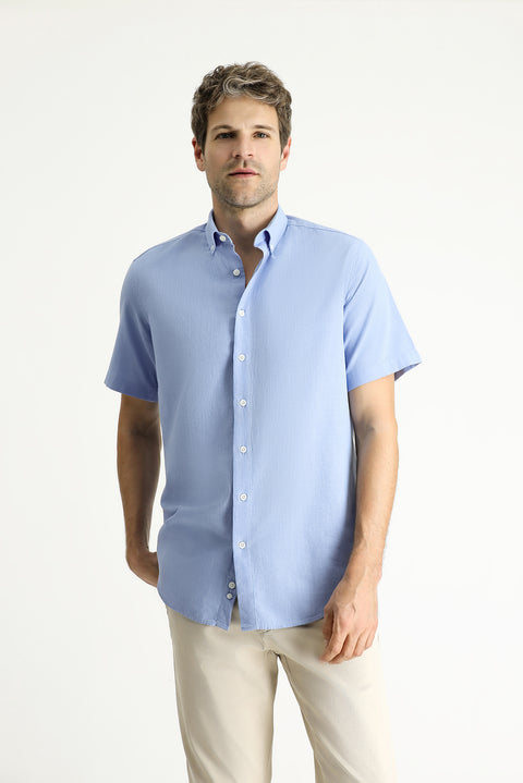 Blue Short Sleeve Regular Fit Sport Cotton Button-Down Shirt