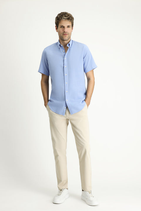 Blue Short Sleeve Regular Fit Sport Cotton Button-Down Shirt