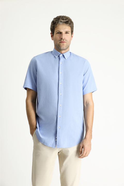 Blue Short Sleeve Regular Fit Sport Cotton Button-Down Shirt
