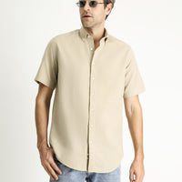 Medium Beige Short Sleeve Regular Fit Sport Cotton Button-Down Shirt