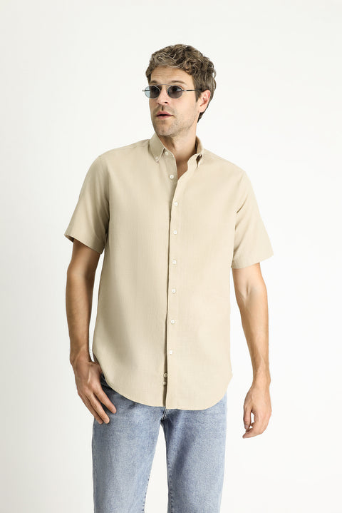 Medium Beige Short Sleeve Regular Fit Sport Cotton Button-Down Shirt