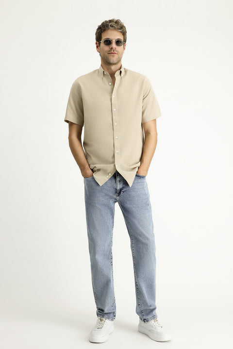 Medium Beige Short Sleeve Regular Fit Sport Cotton Button-Down Shirt