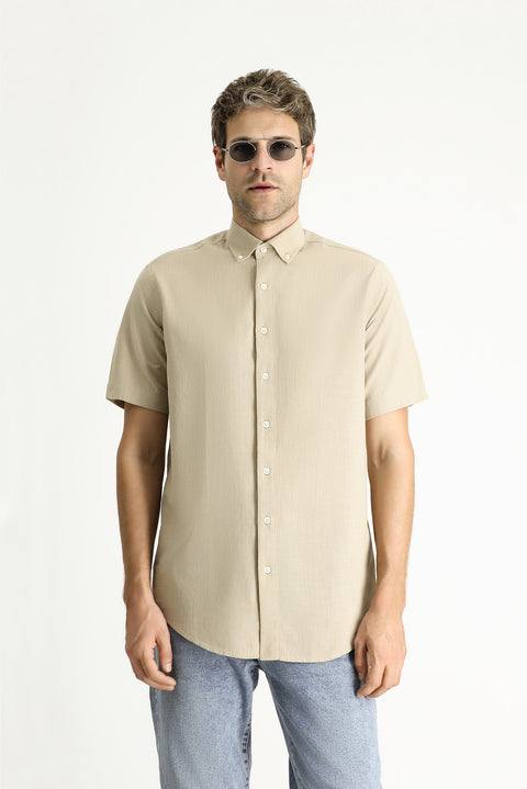 Medium Beige Short Sleeve Regular Fit Sport Cotton Button-Down Shirt