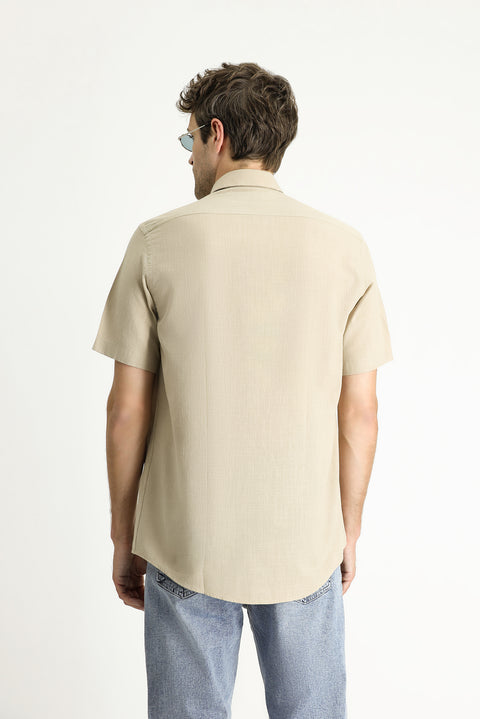 Medium Beige Short Sleeve Regular Fit Sport Cotton Button-Down Shirt