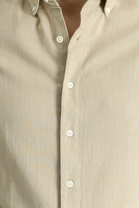 Medium Beige Short Sleeve Regular Fit Sport Cotton Button-Down Shirt