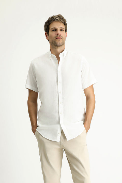 White Short Sleeve Regular Fit Sport Cotton Button-Down Shirt