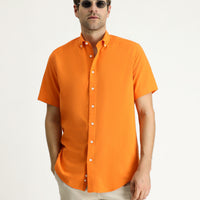 Medium Orange Short Sleeve Regular Fit Sport Cotton Button-Down Shirt