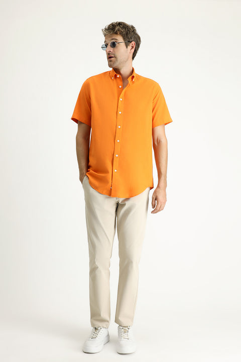 Medium Orange Short Sleeve Regular Fit Sport Cotton Button-Down Shirt