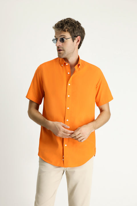 Medium Orange Short Sleeve Regular Fit Sport Cotton Button-Down Shirt