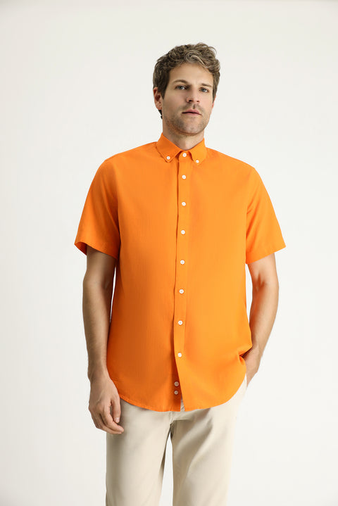 Medium Orange Short Sleeve Regular Fit Sport Cotton Button-Down Shirt