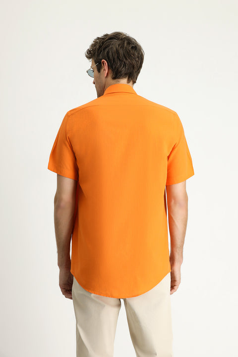 Medium Orange Short Sleeve Regular Fit Sport Cotton Button-Down Shirt