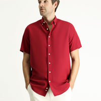 Dark Red Short Sleeve Regular Fit Sport Cotton Button-Down Shirt