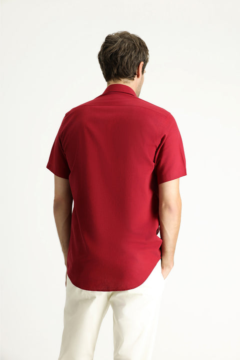 Dark Red Short Sleeve Regular Fit Sport Cotton Button-Down Shirt