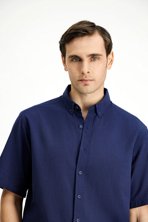 Dark Navy Short Sleeve Regular Fit Button-Down Collar Cotton Shirt