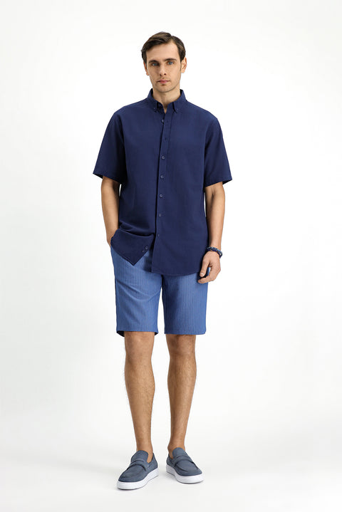 Dark Navy Short Sleeve Regular Fit Button-Down Collar Cotton Shirt