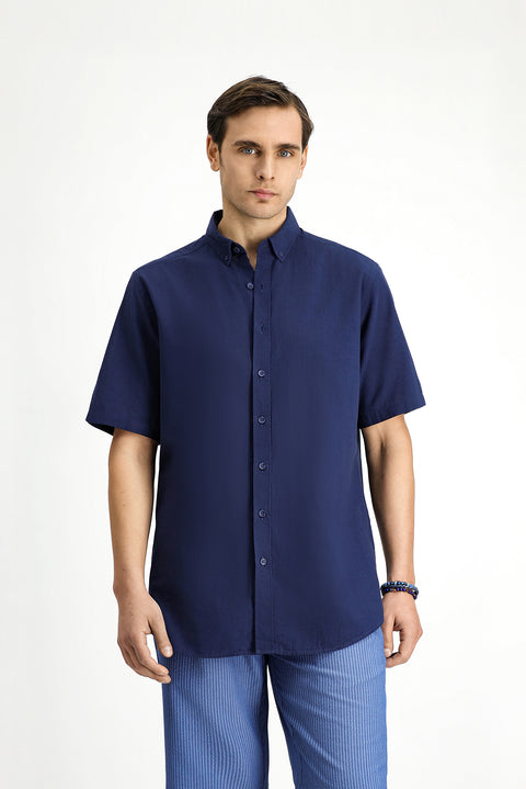 Dark Navy Short Sleeve Regular Fit Button-Down Collar Cotton Shirt