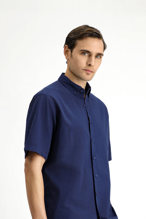 Dark Navy Short Sleeve Regular Fit Button-Down Collar Cotton Shirt