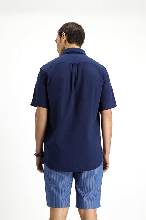 Dark Navy Short Sleeve Regular Fit Button-Down Collar Cotton Shirt