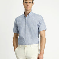Dark Blue Short Sleeve Regular Fit Patterned Sporty Button-Down Collar Cotton Shirt