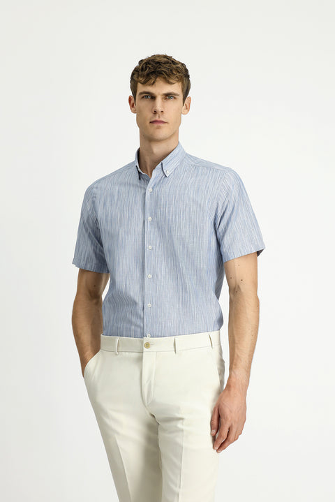 Dark Blue Short Sleeve Regular Fit Patterned Sporty Button-Down Collar Cotton Shirt