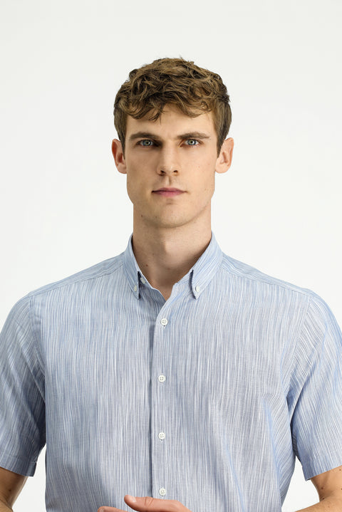 Dark Blue Short Sleeve Regular Fit Patterned Sporty Button-Down Collar Cotton Shirt