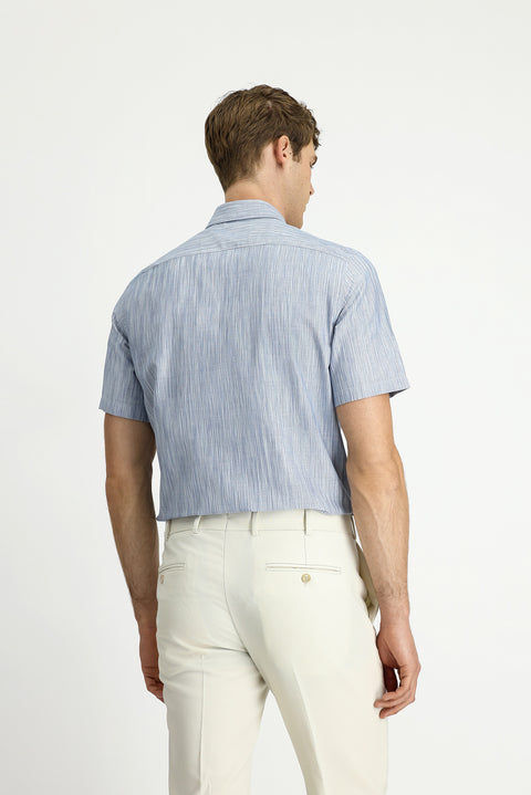 Dark Blue Short Sleeve Regular Fit Patterned Sporty Button-Down Collar Cotton Shirt