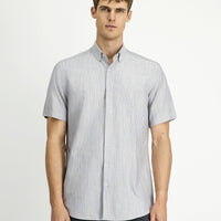 Light Mink Short Sleeve Regular Fit Patterned Sporty Button-Down Collar Cotton Shirt