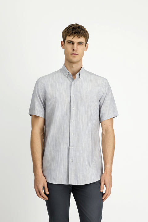 Light Mink Short Sleeve Regular Fit Patterned Sporty Button-Down Collar Cotton Shirt